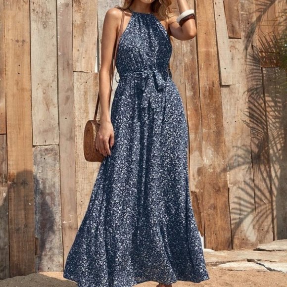 Private Label Dresses & Skirts - Boho Floral mini ditsy Belted Halter Maxi Dress navy